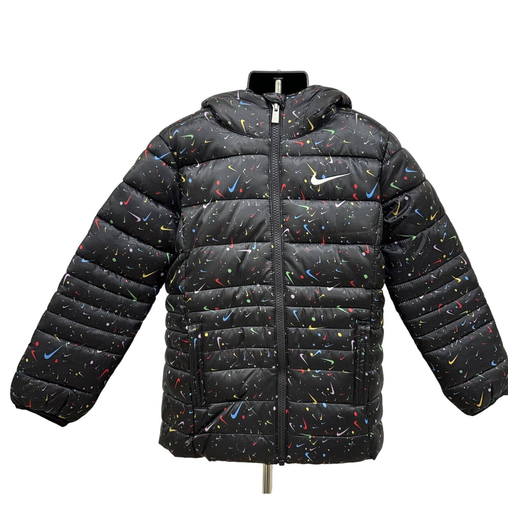 NWT Nike Girls Black Multi/ Swoosh Pattern Hooded Zip-Up Coat Sz 6x